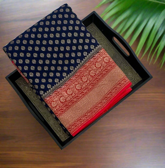 NAVY BLUE ND RED BANARAS PURE KADDI GORGETTE