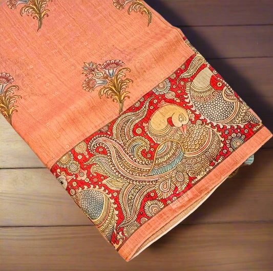 PEACH DESIGNER PURE TUSSER KALAMKARI SAREE