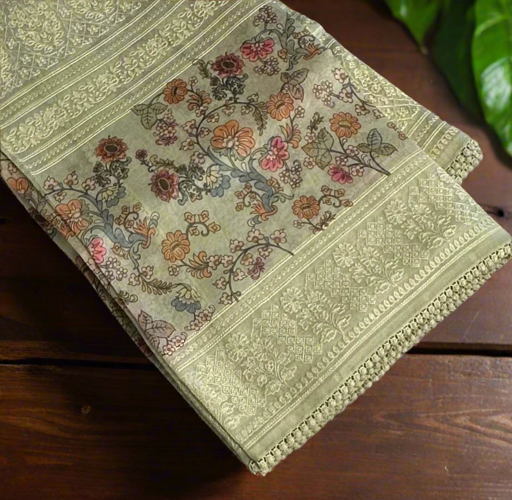 OLIVE GREEN DESIGNER PURE ORGANZA SAREE