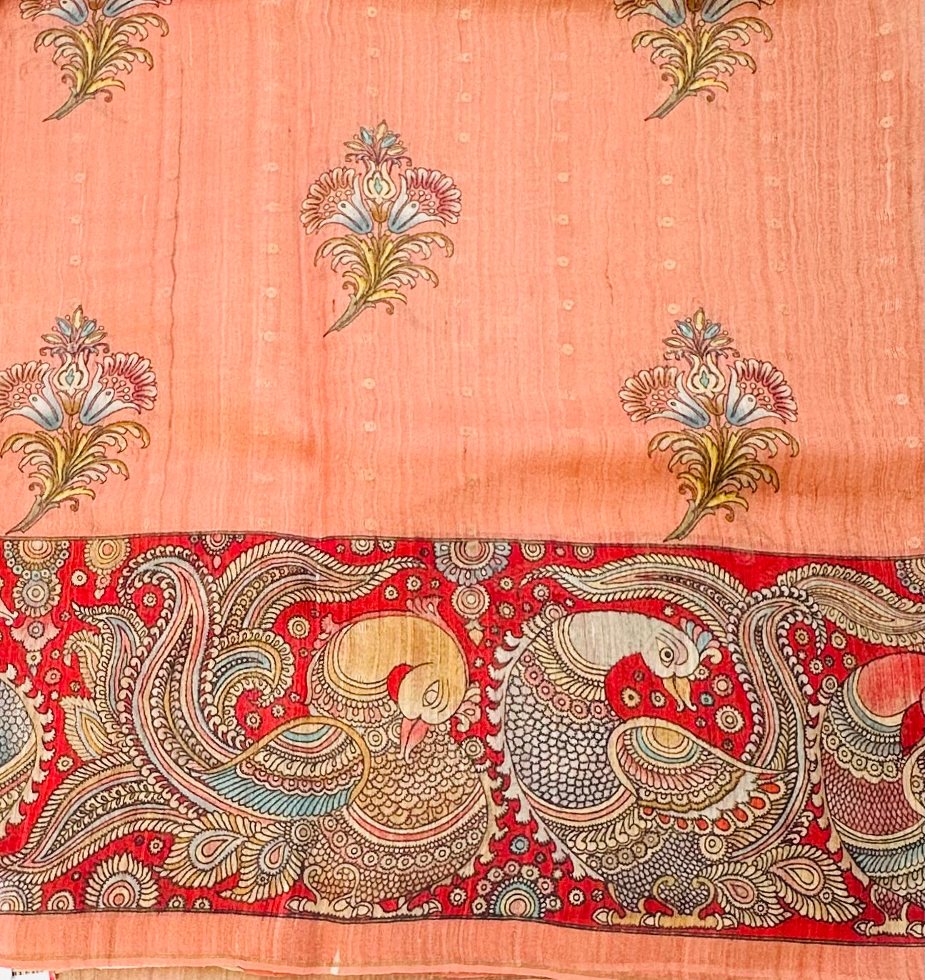 PEACH DESIGNER PURE TUSSER KALAMKARI SAREE
