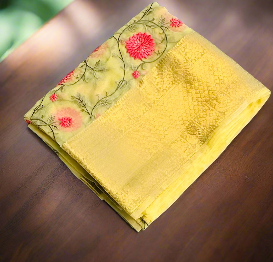 LIGHT YELLOW DESIGNER PURE ORGANZA SAREE