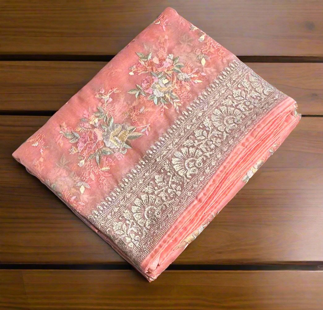 PEACH PURE ORGANZA DESIGNER SAREE
