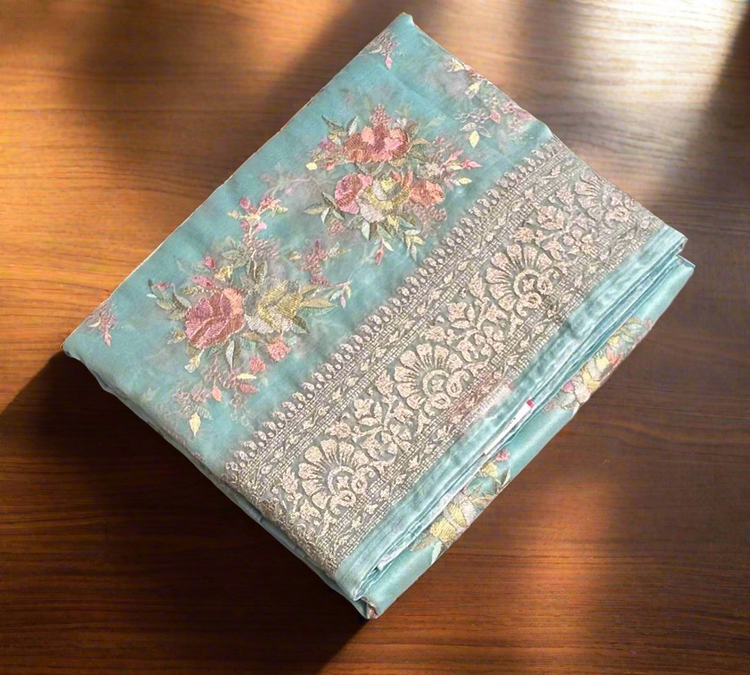 SKY BLUE  DESIGNER PURE ORGANZA