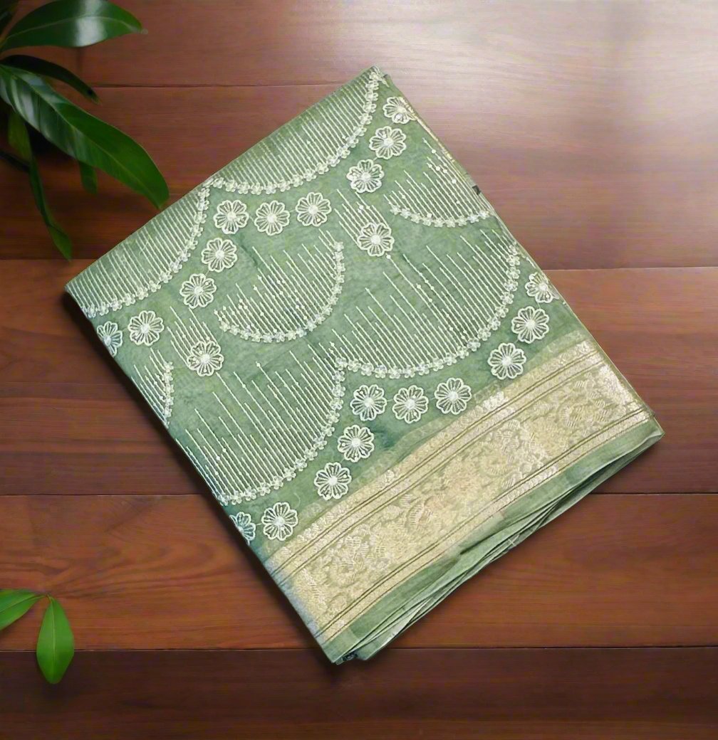 OLIVE GREEN DESIGNER PURE ORGANZA SAREE