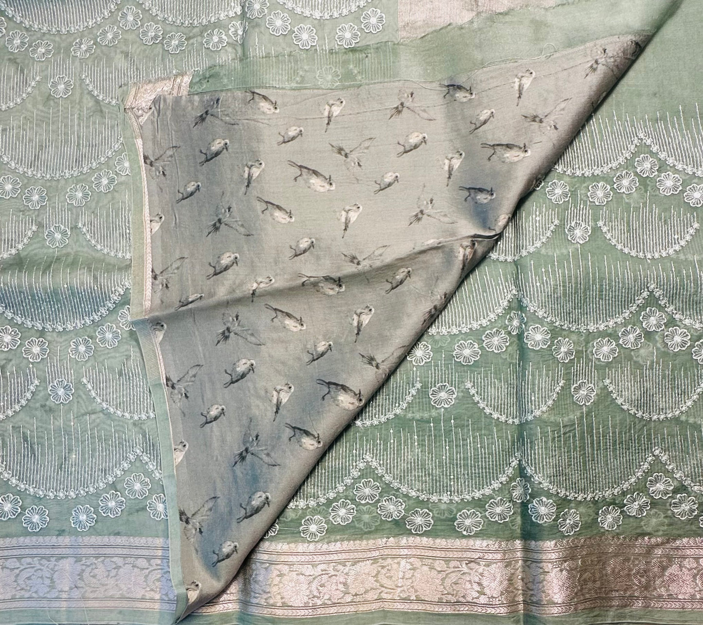 OLIVE GREEN DESIGNER PURE ORGANZA SAREE