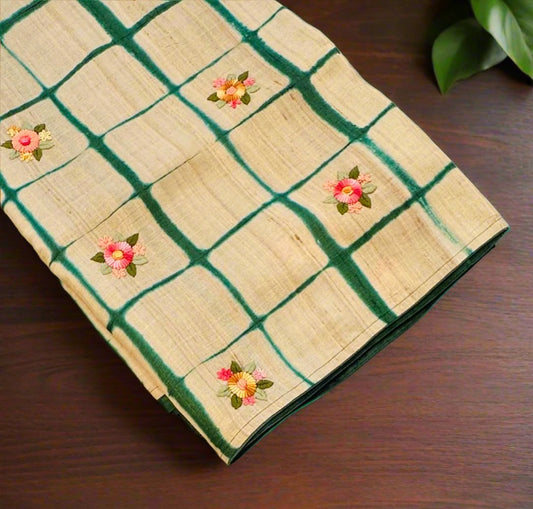 CREAM ND DARK GREEN DESIGNER PURE TUSSER SAREE