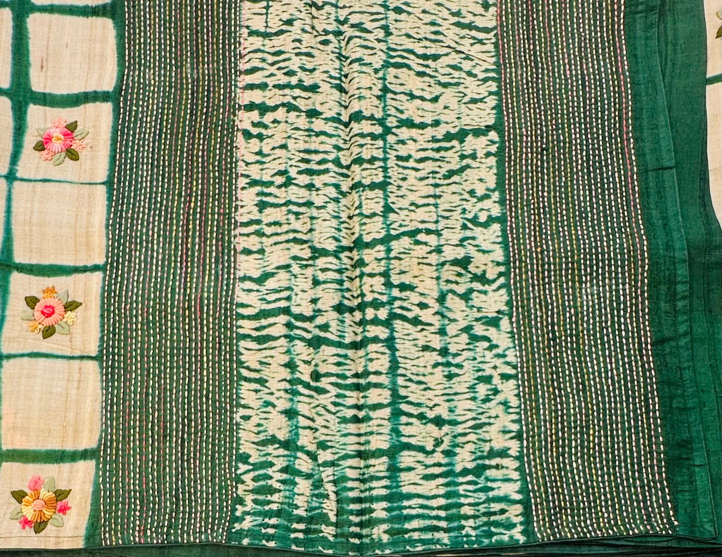CREAM ND DARK GREEN DESIGNER PURE TUSSER SAREE