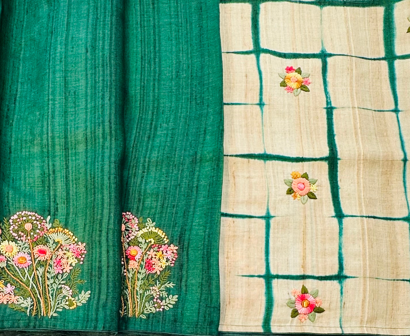 CREAM ND DARK GREEN DESIGNER PURE TUSSER SAREE