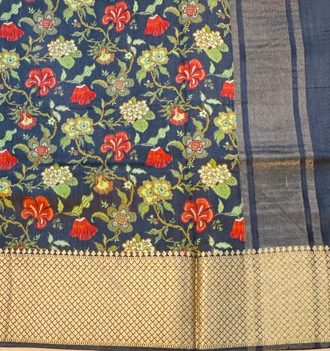 NAVY BLUE PURE CHINIYA SILK SAREE