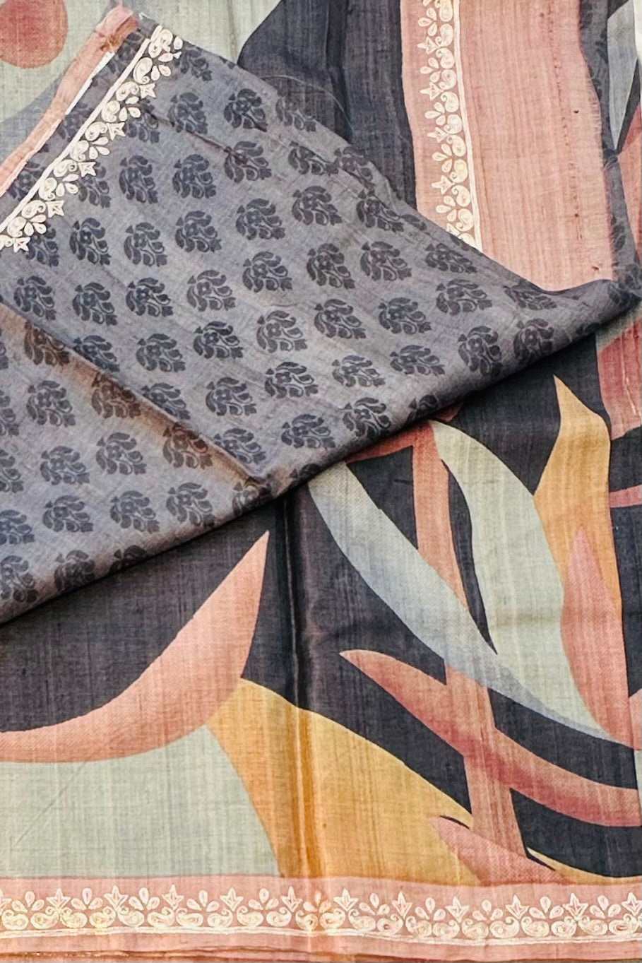 GREY DESIGNER PURE TUSSER SAREE