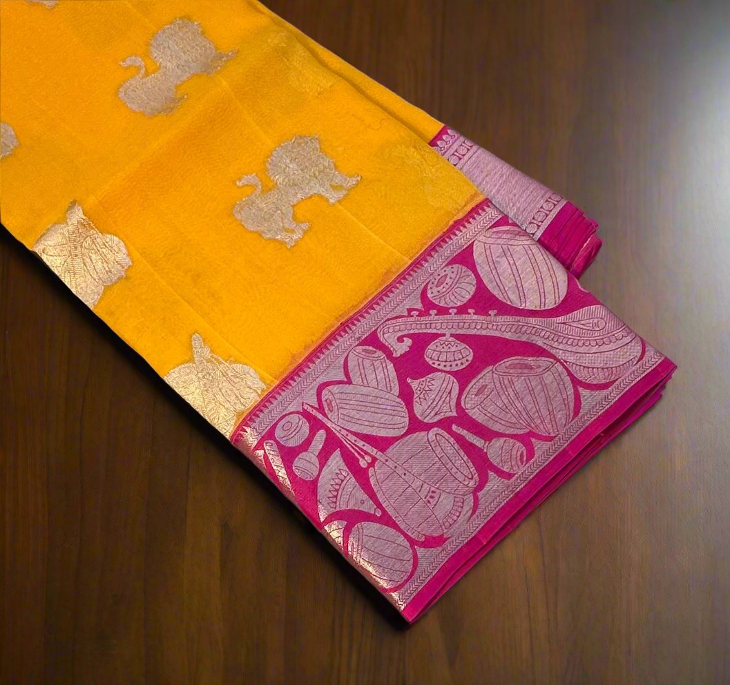 YELLOW PINK BANARAS PURE KORA SAREE