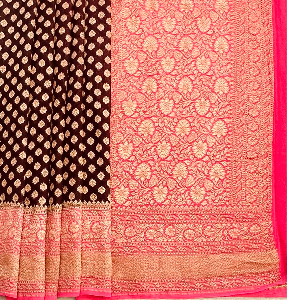BROWN ND PINK BANARAS PURE KADDI GORGETTE