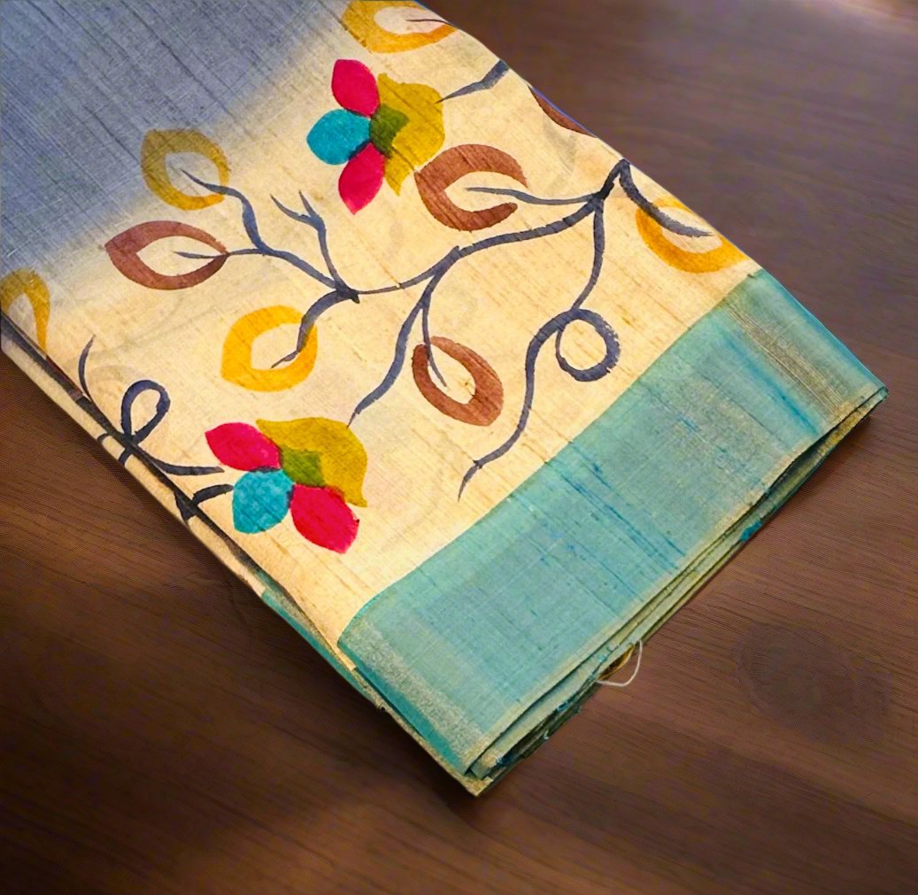GREY BLUE PURE RAW SILK SAREE