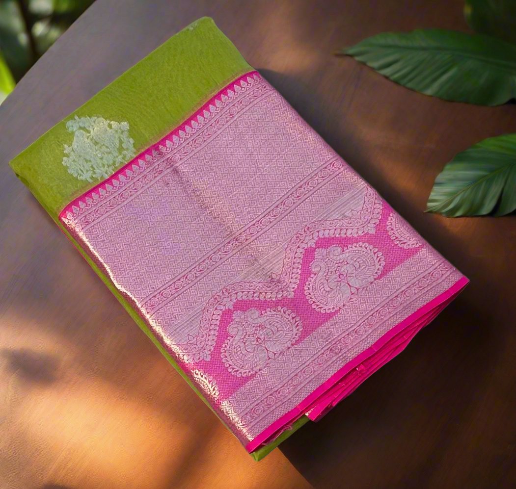 PARROT GREEN BANARAS PURE KORA SAREE