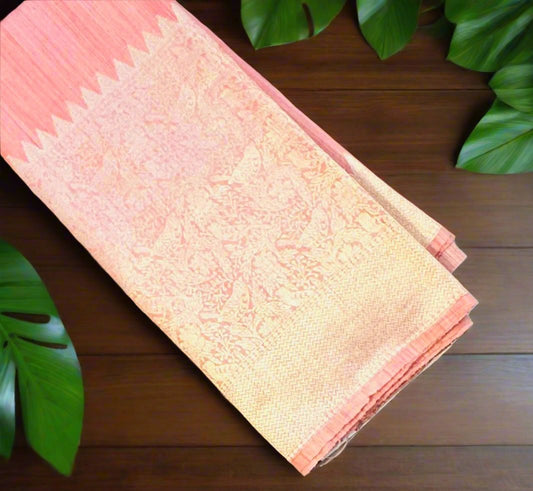 PEACH PURE BANARAS RAW SILK SAREE