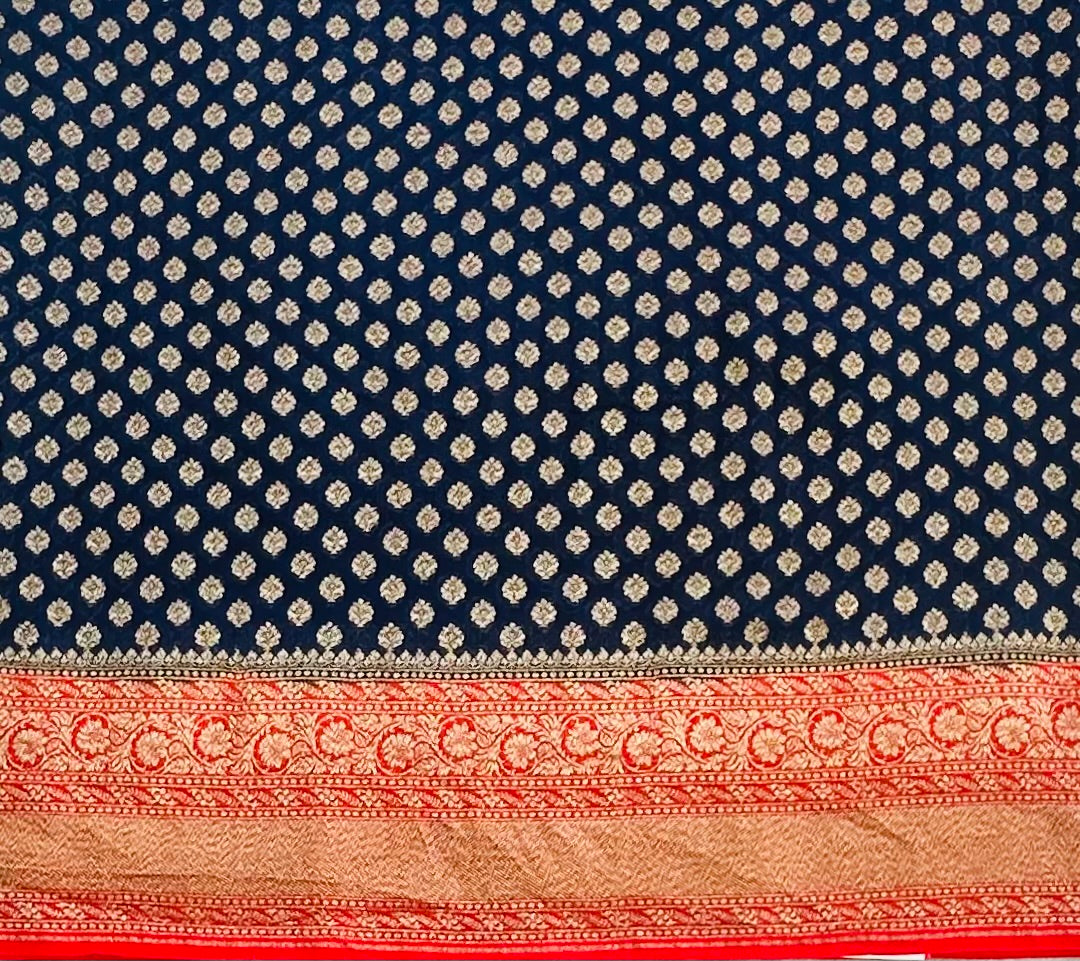 NAVY BLUE ND RED BANARAS PURE KADDI GORGETTE