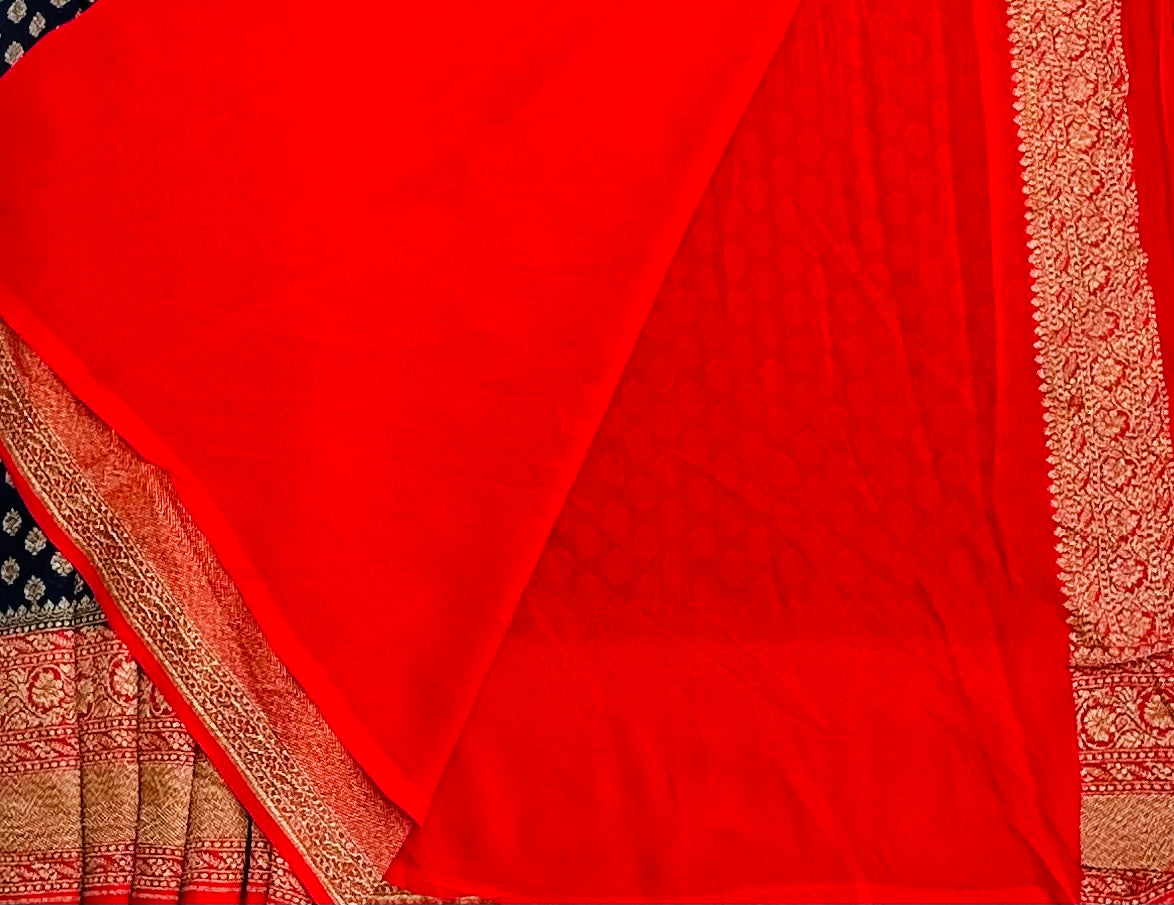 NAVY BLUE ND RED BANARAS PURE KADDI GORGETTE