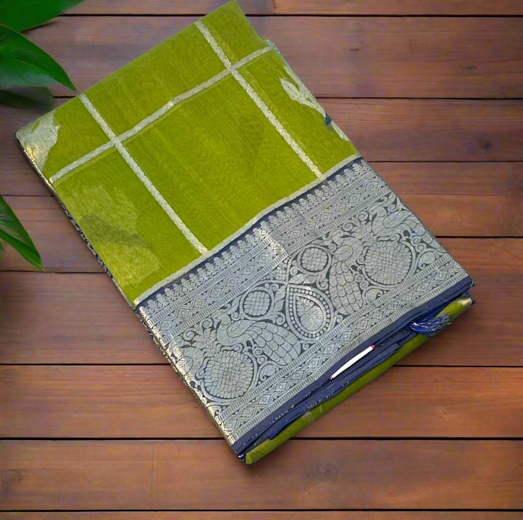 MEHENDI GREEN BANARAS PURE KORA SAREE