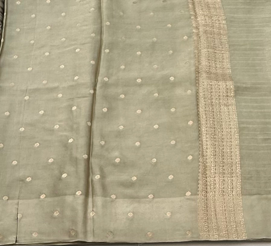 Light mehendi green  with silver nd gold motifs banaras silk