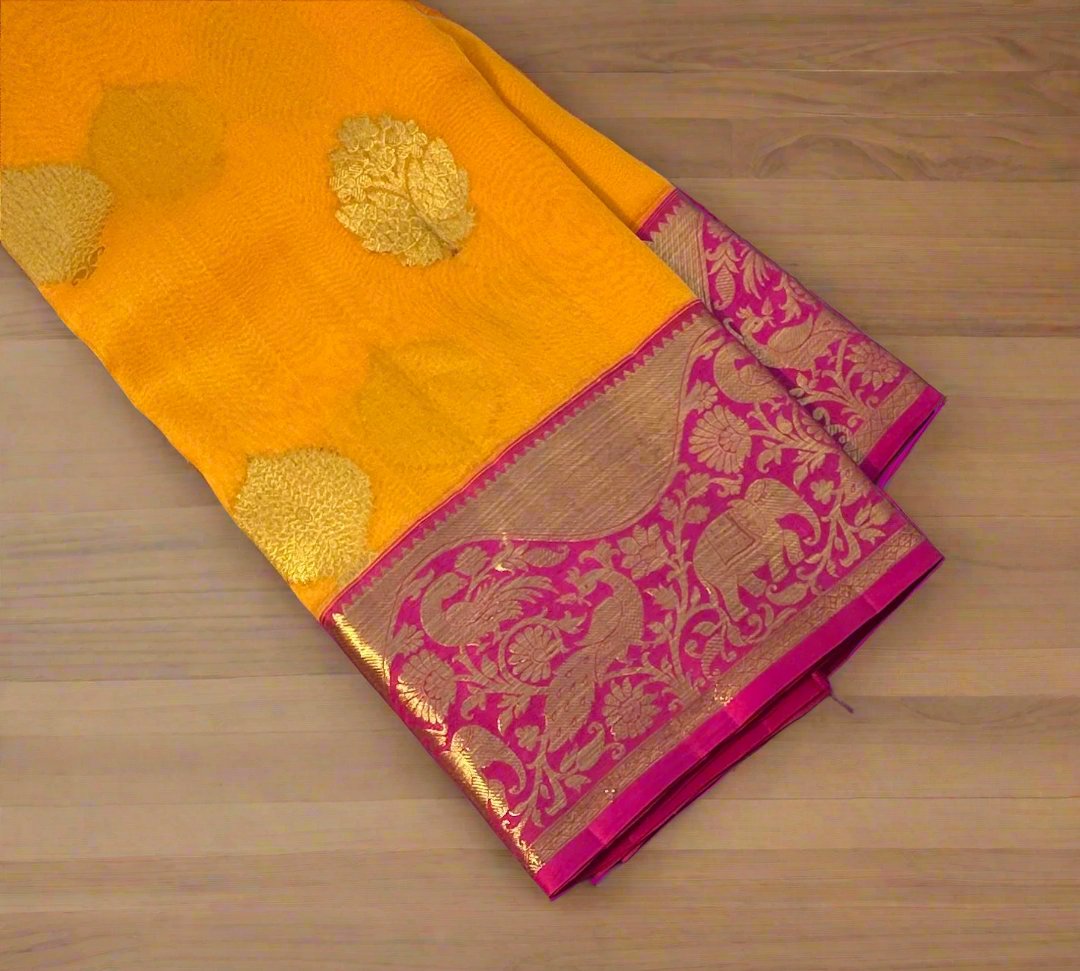 YELLOW PINK BANARAS PURE KORA SAREE