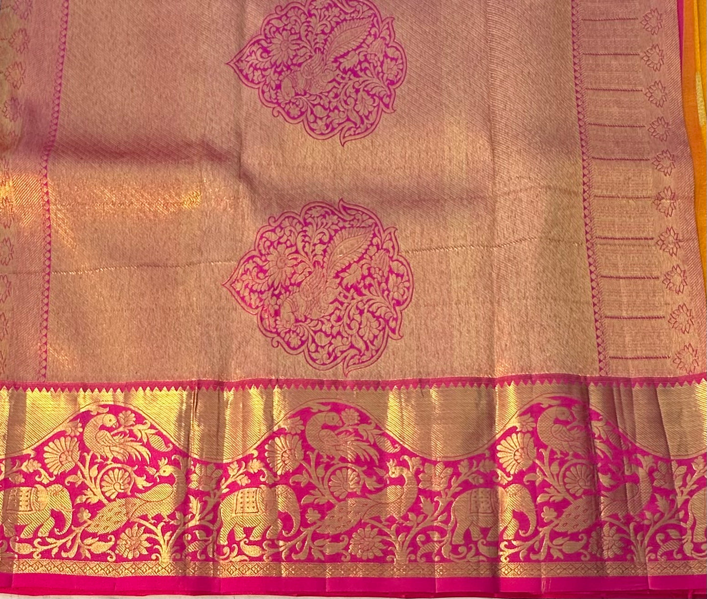 YELLOW PINK BANARAS PURE KORA SAREE