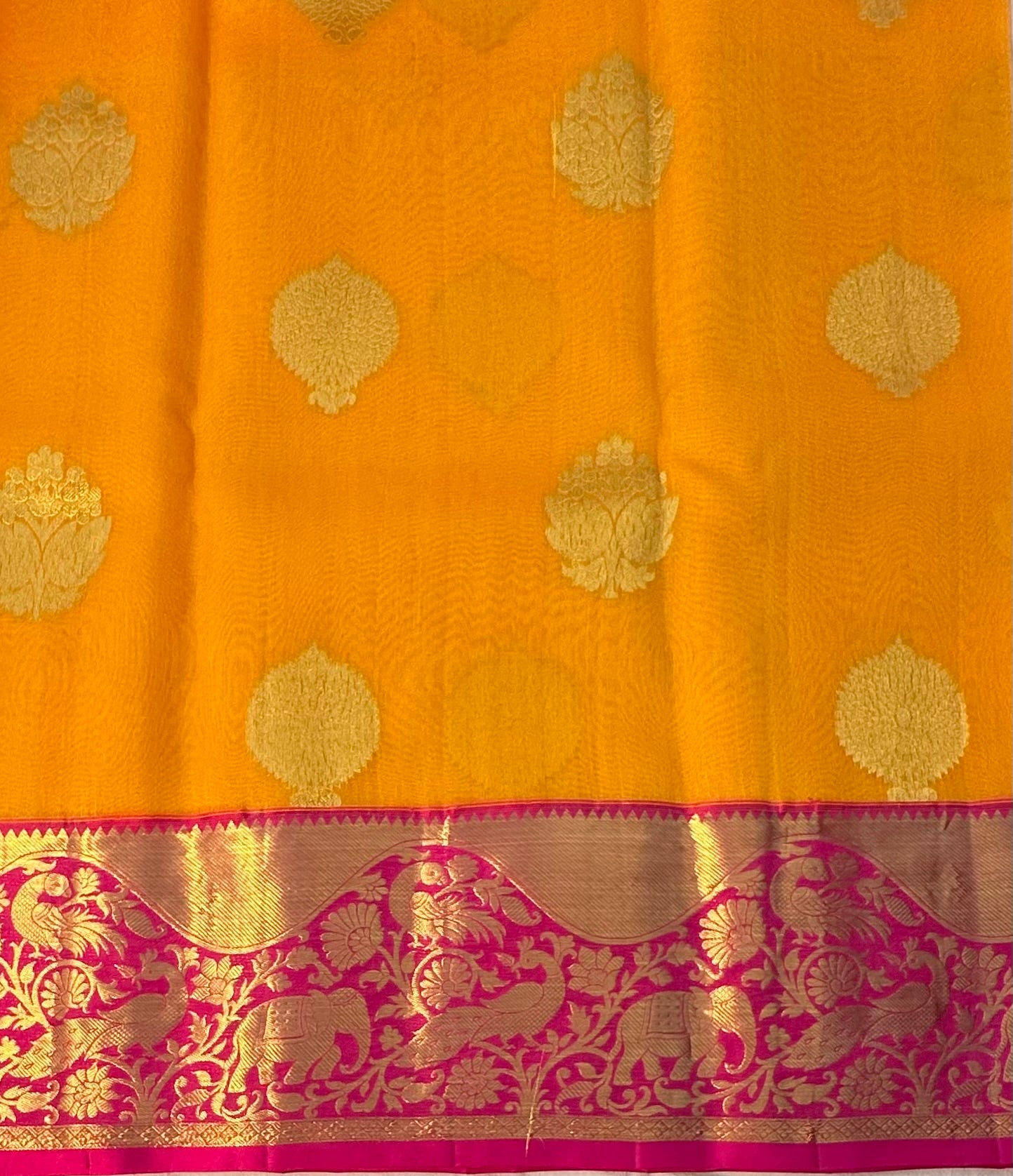 YELLOW PINK BANARAS PURE KORA SAREE