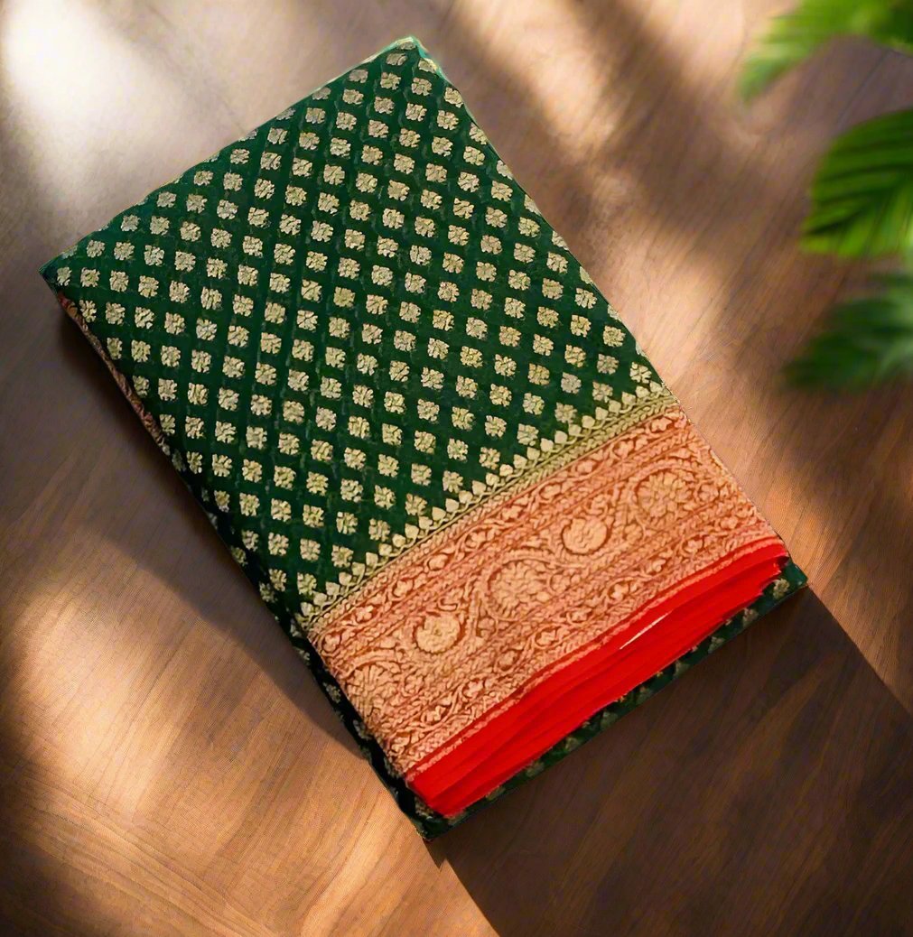 DARK GREEN  BANARAS PURE KADDI GORGETTE