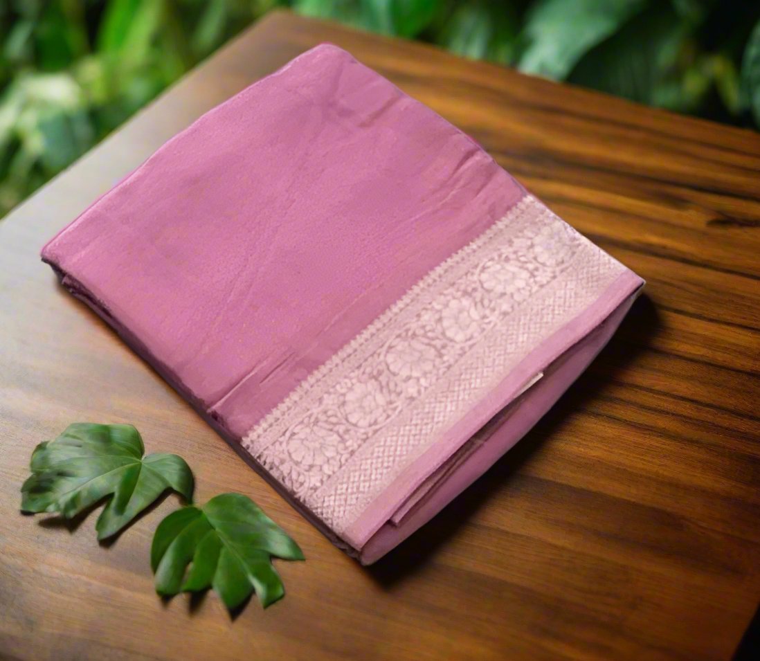 LIGHT PINK WITH SILVER BORDER BANARAS CRAPE