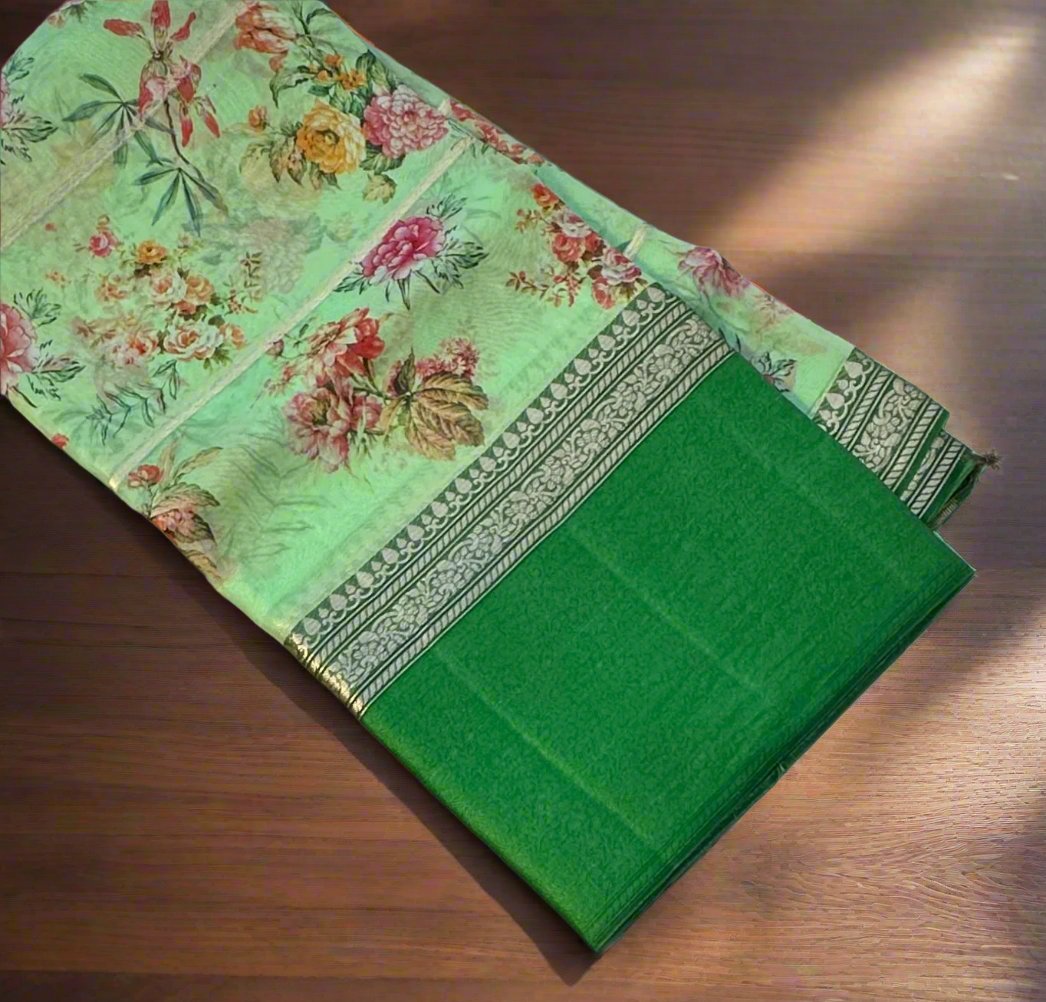 GREEN FLORAL PURE ORGANZA