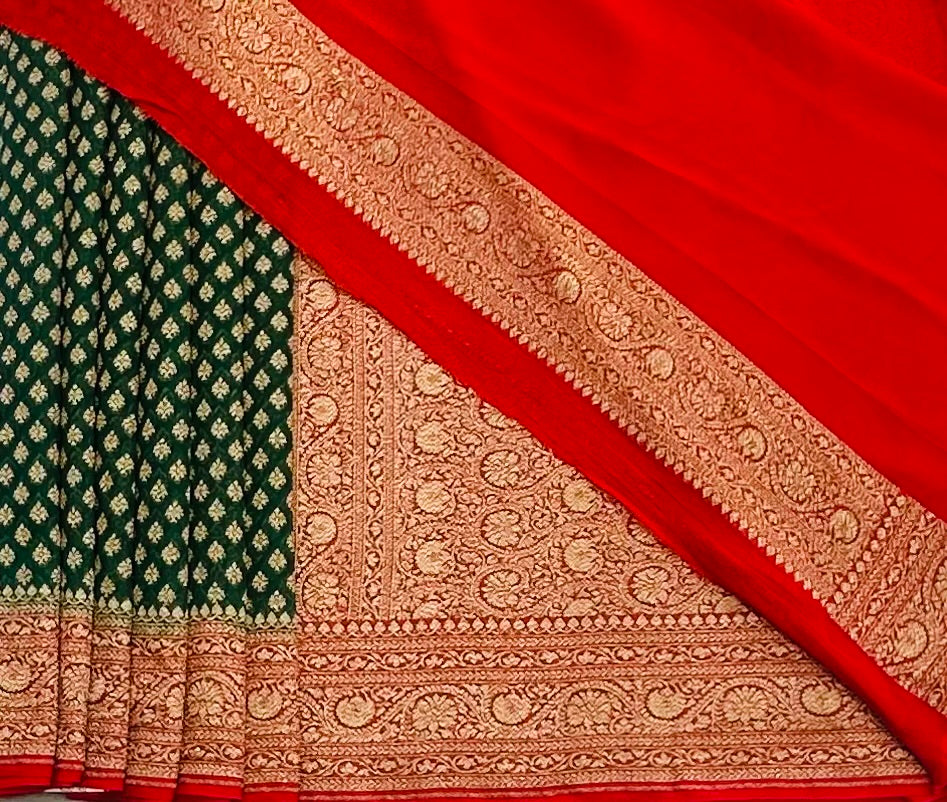 DARK GREEN  BANARAS PURE KADDI GORGETTE