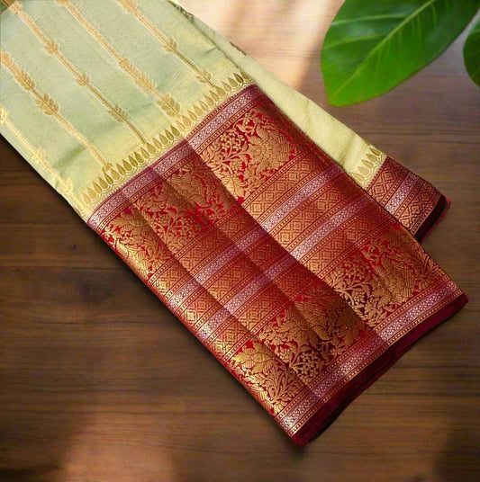 PASTEL GREEN ND MAROON RED BANARAS RAW MANGO SAREE