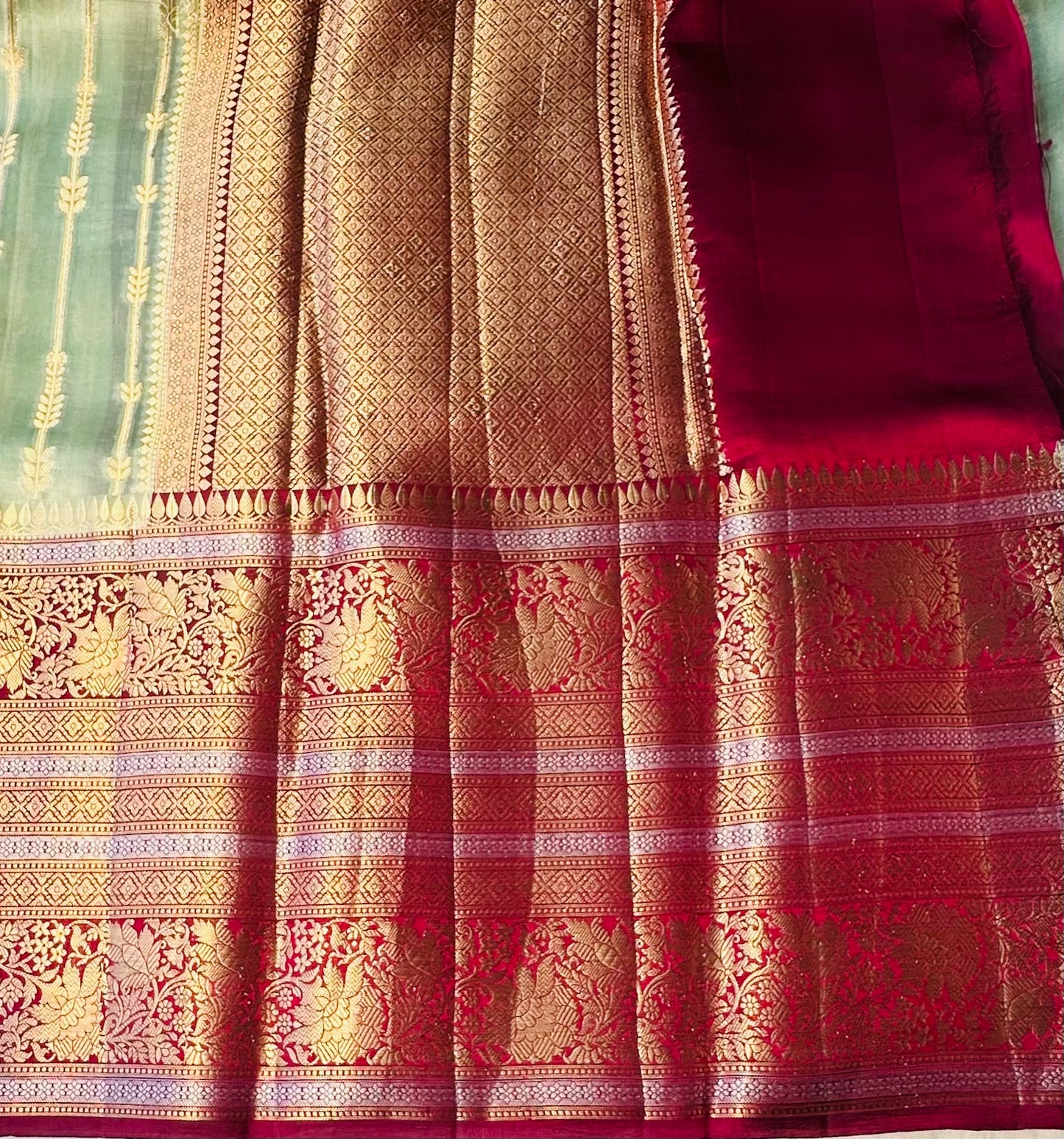 PASTEL GREEN ND MAROON RED BANARAS RAW MANGO SAREE