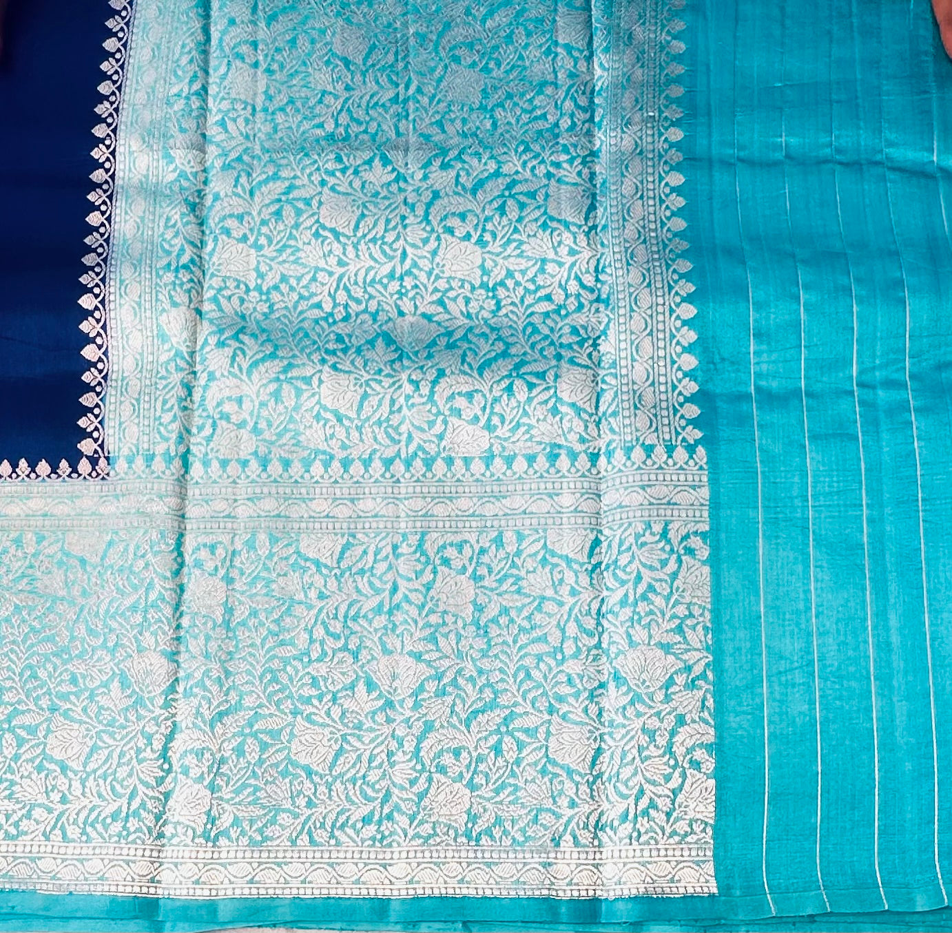 NAVY BLUE ND SEA BLUE BANARAS RAW MANGO SAREE