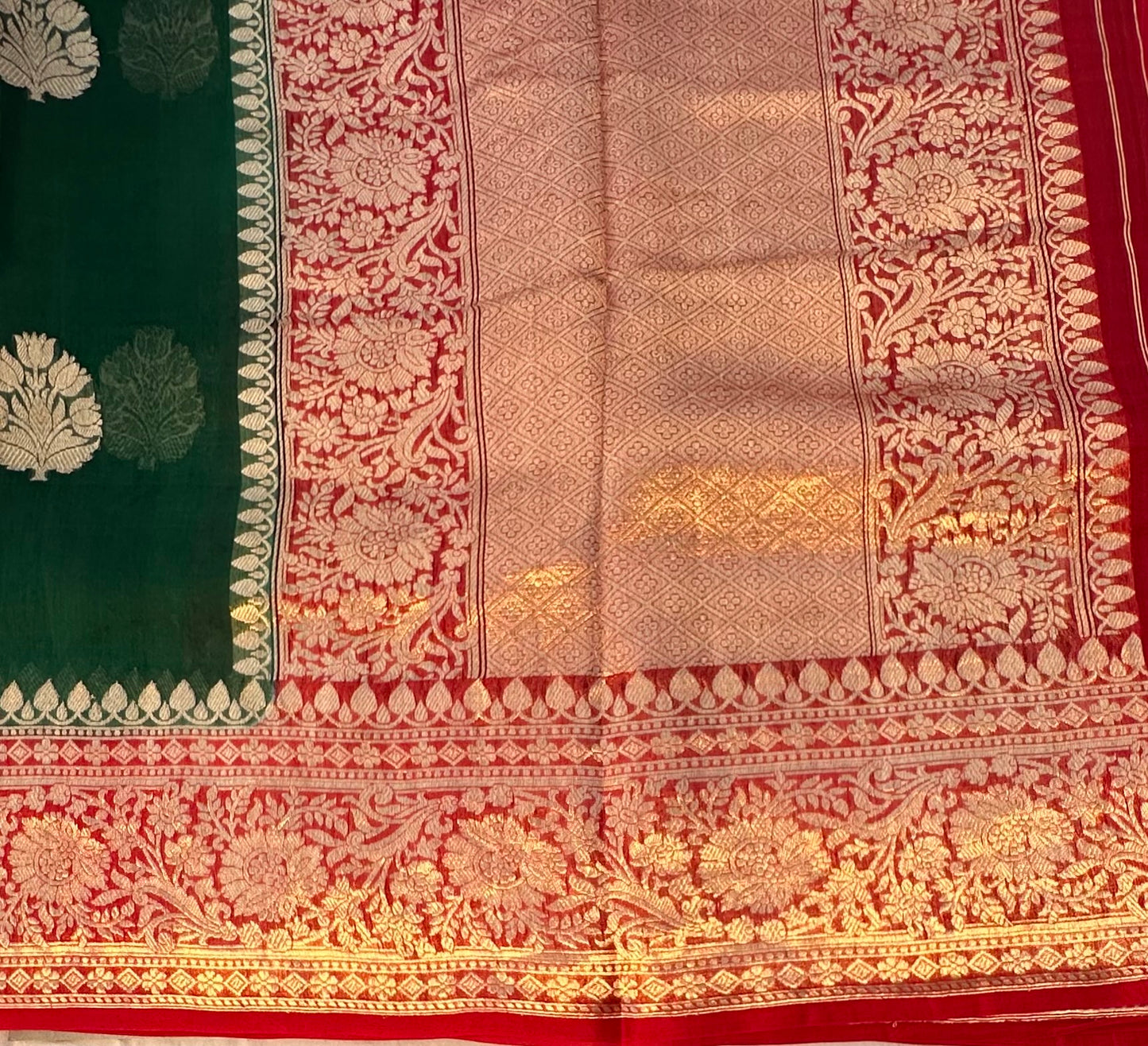 BOTTLE GREEN BANARAS KORA SAREE