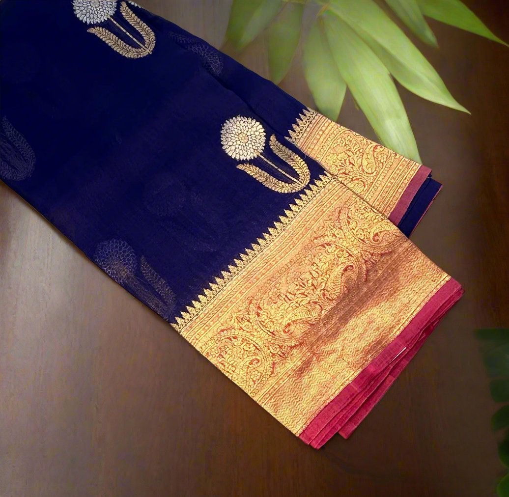 NAVYBLUE BANARAS  PURE KORA SAREE