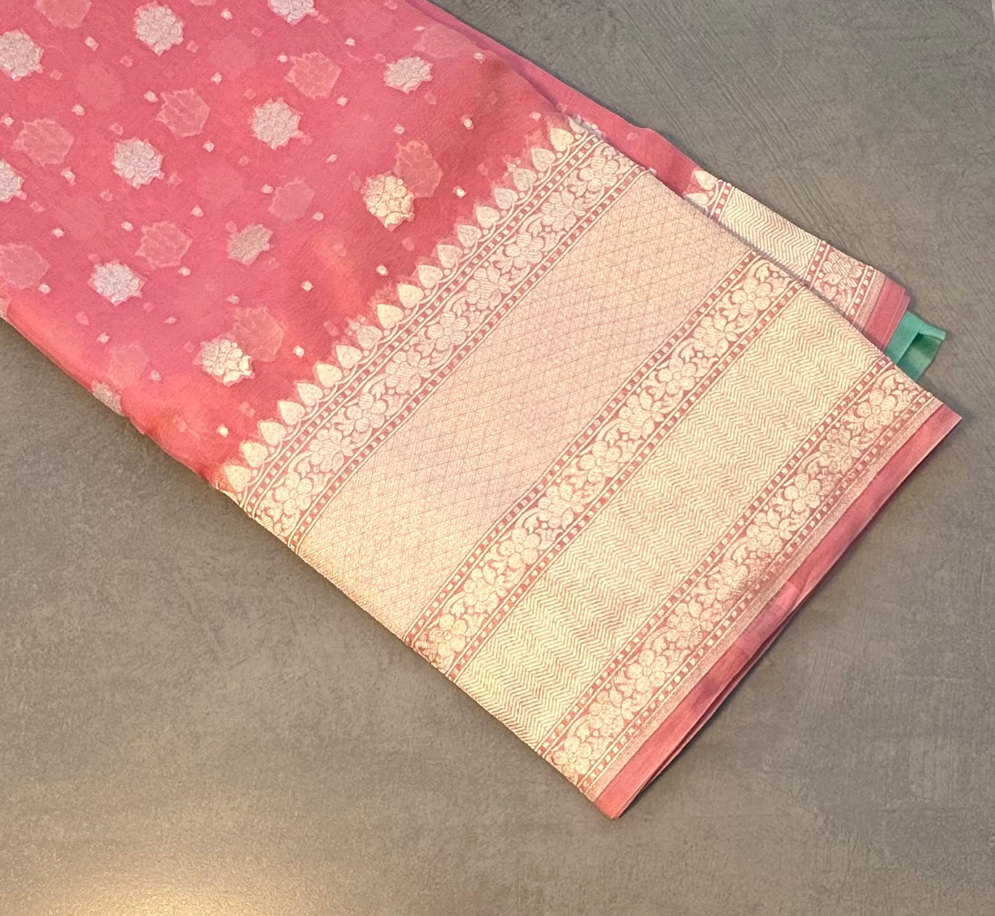 BABY PINK BANARAS PURE DESIGNER ORGANZA SAREE