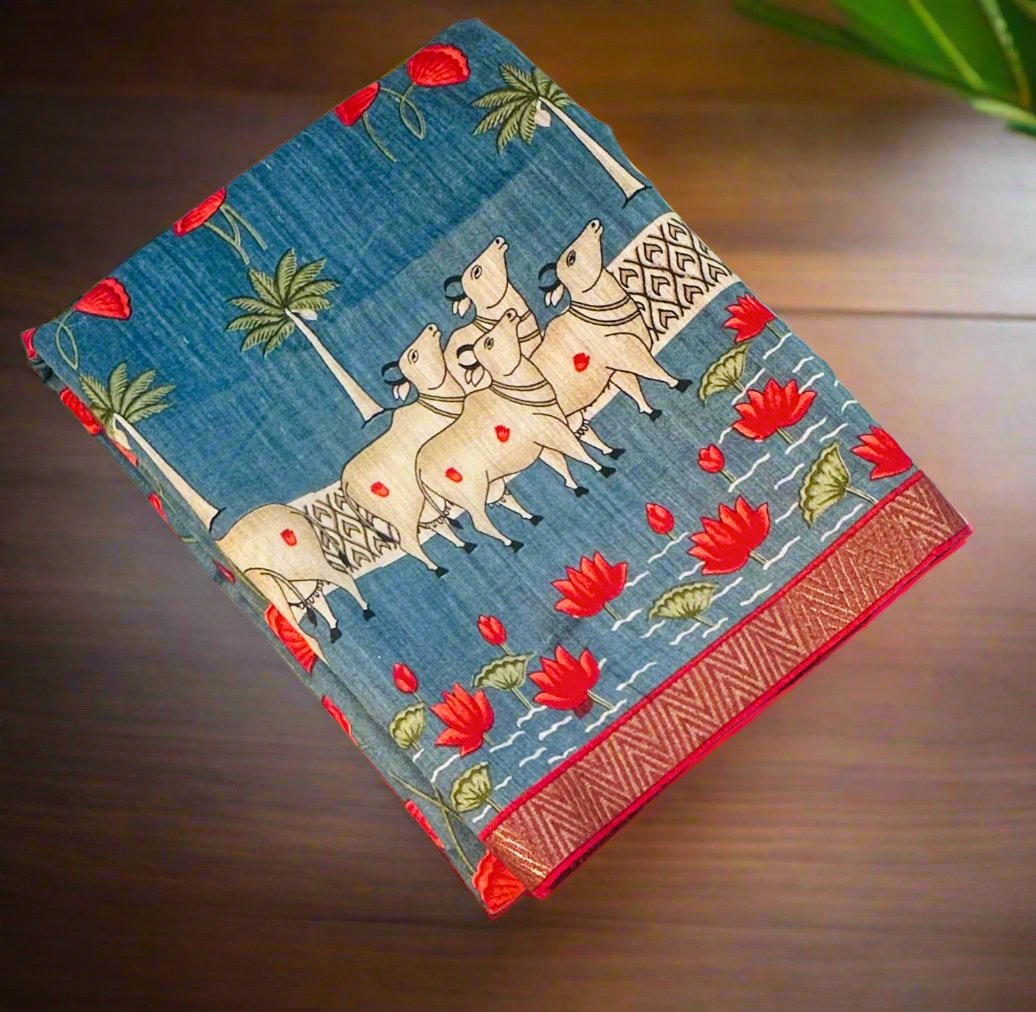 BLUE PICHWAI PURE TUSSER SAREE