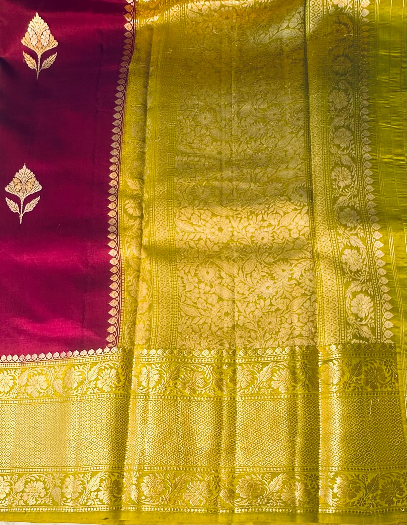 RANI PINK ND MEHENDI GREEN BANARAS RAW MANGO SAREE