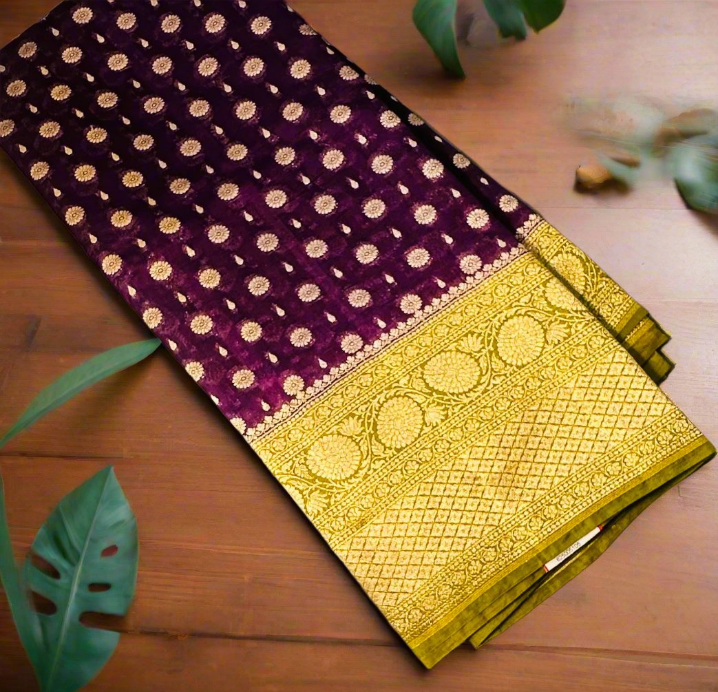 PURPLE ND MEHENDI BANARAS RAW MANGO SAREE