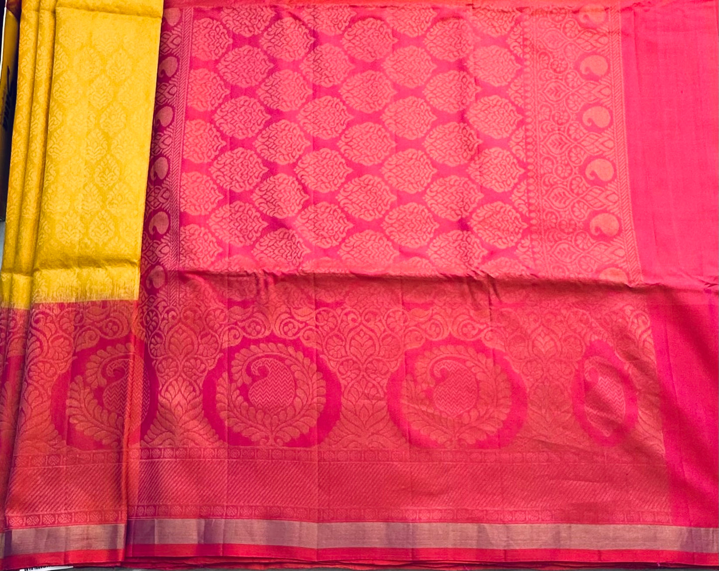 YELLOW ND PINK KANJIVARAM SOFT SILKS