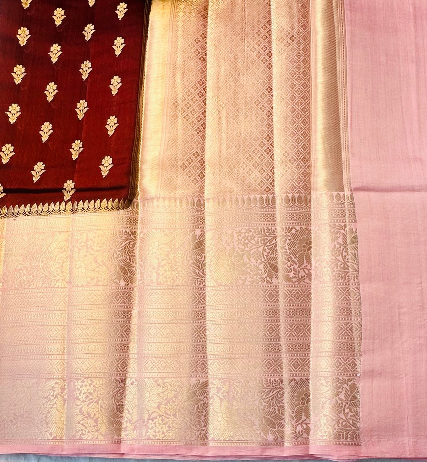 MAROON RED ND PEACH BANARAS RAW MANGO