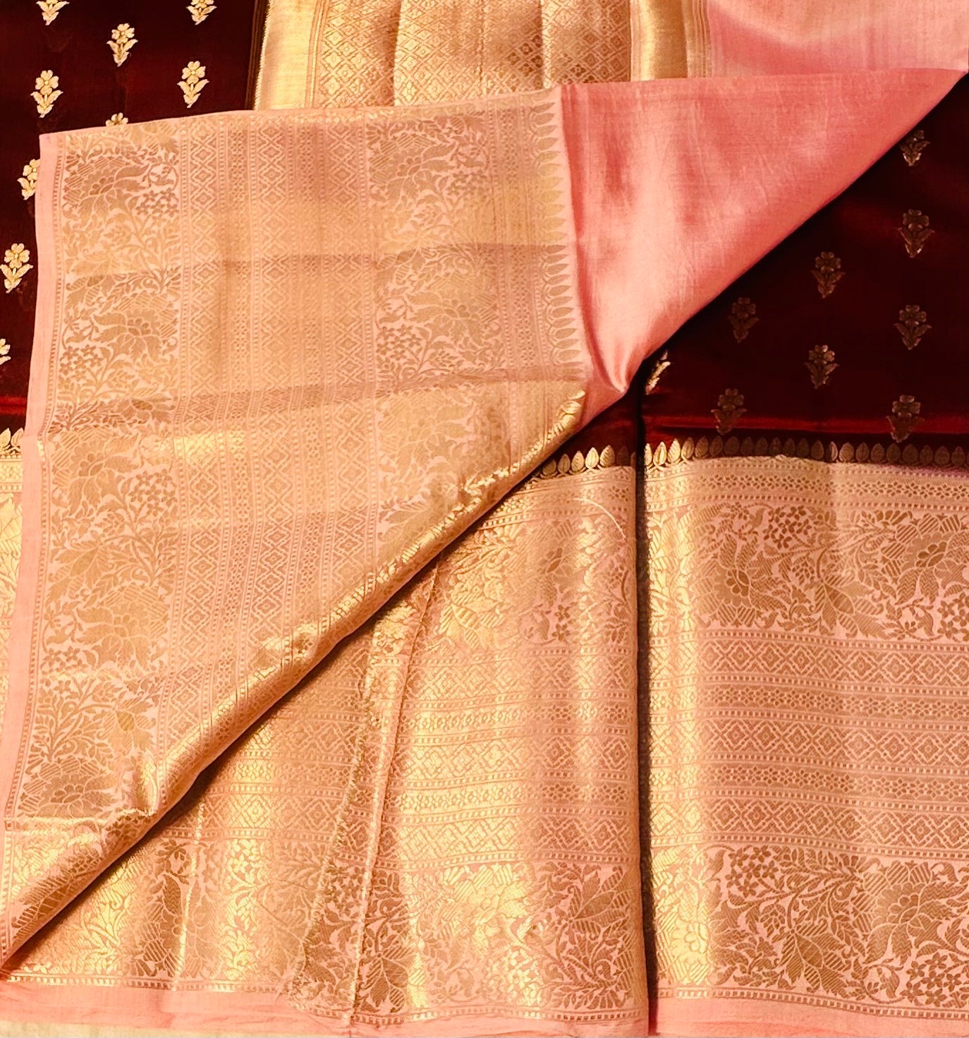MAROON RED ND PEACH BANARAS RAW MANGO