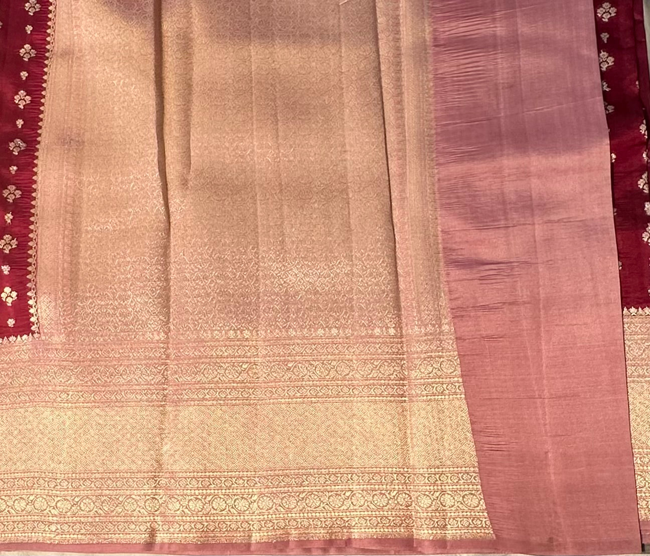 MAROON RED ND PEACH BANARAS RAW MANGO SAREE
