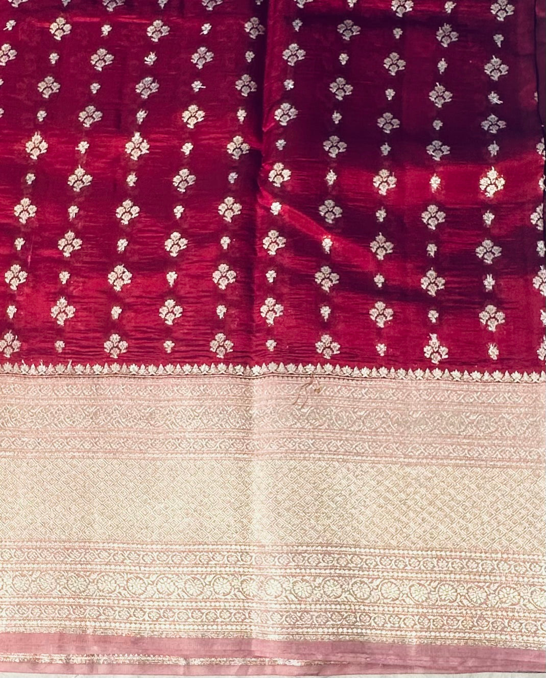 MAROON RED ND PEACH BANARAS RAW MANGO SAREE