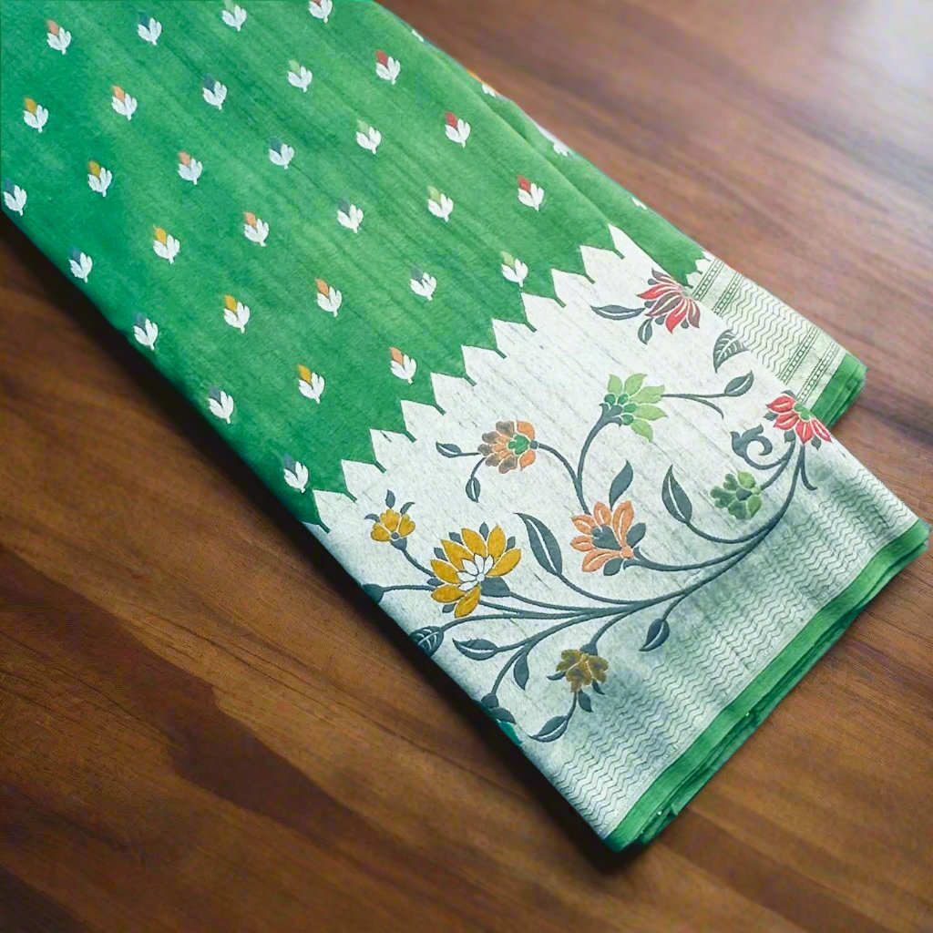 GREEN PURE TUSSER GORGETTE SAREE