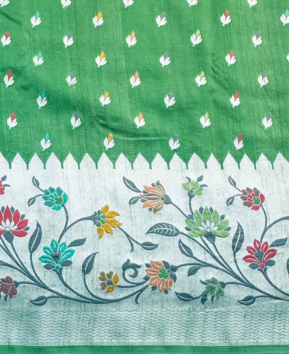 GREEN PURE TUSSER GORGETTE SAREE