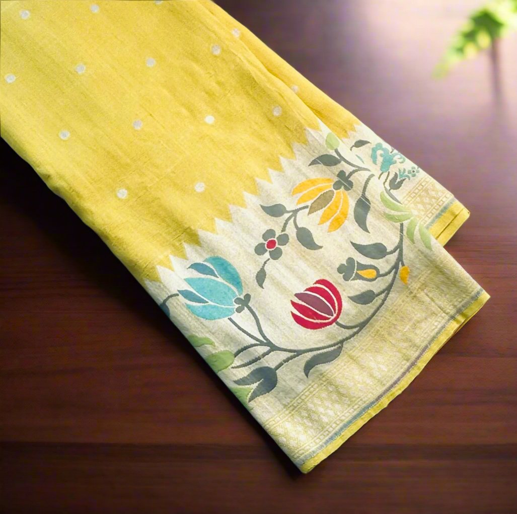 YELLOW PURE TUSSER GORGETTE SAREE