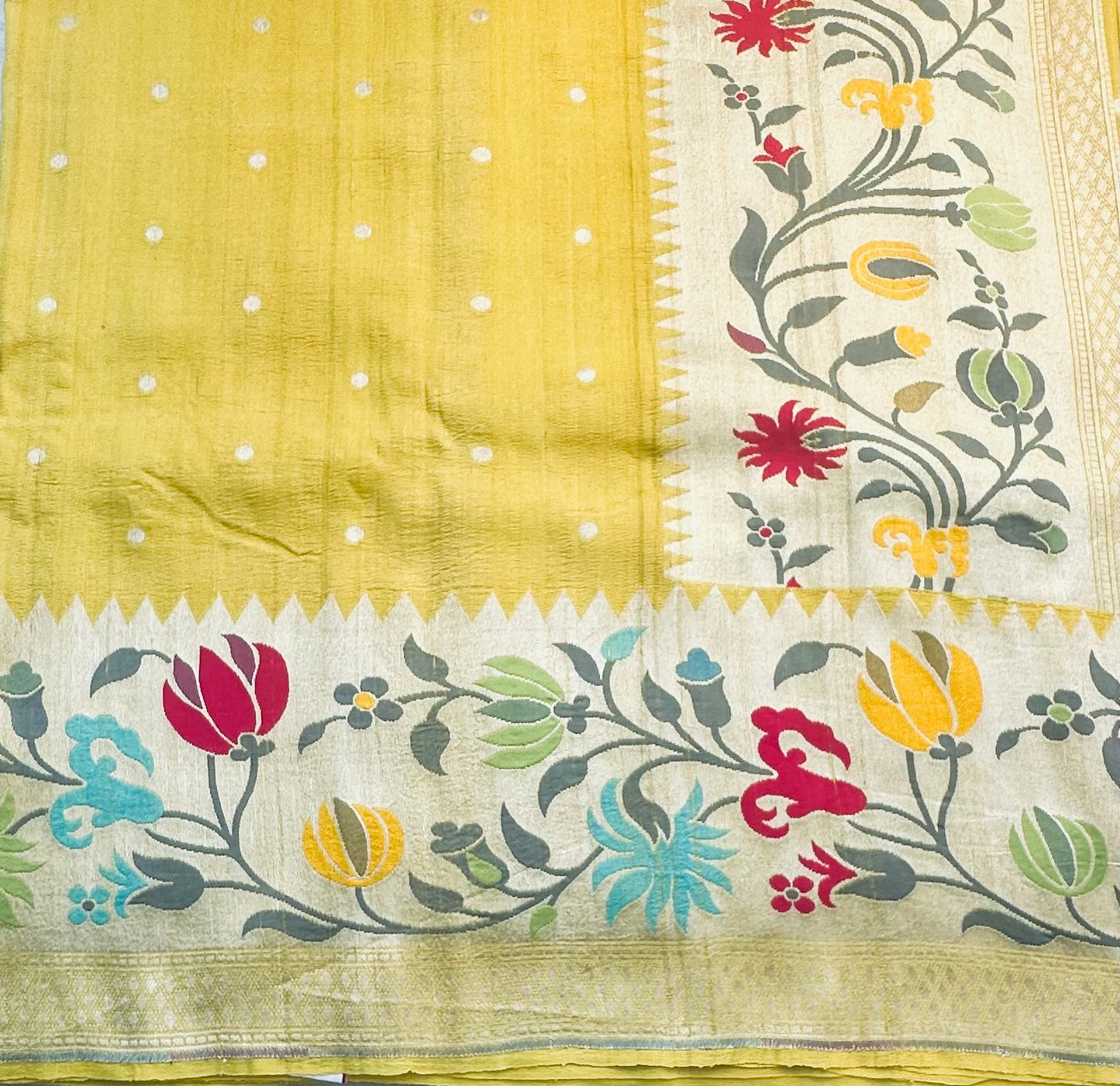 YELLOW PURE TUSSER GORGETTE SAREE