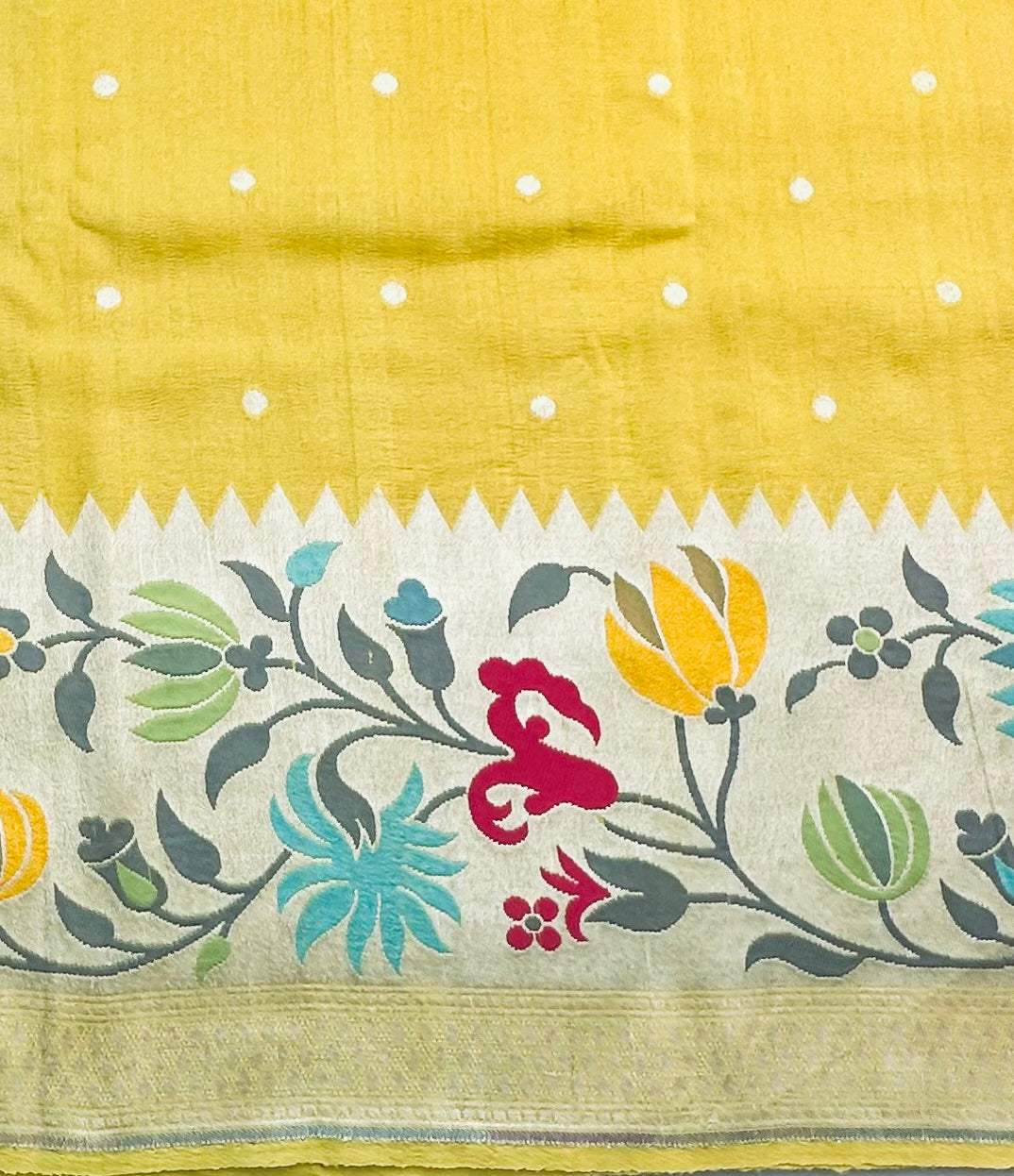 YELLOW PURE TUSSER GORGETTE SAREE