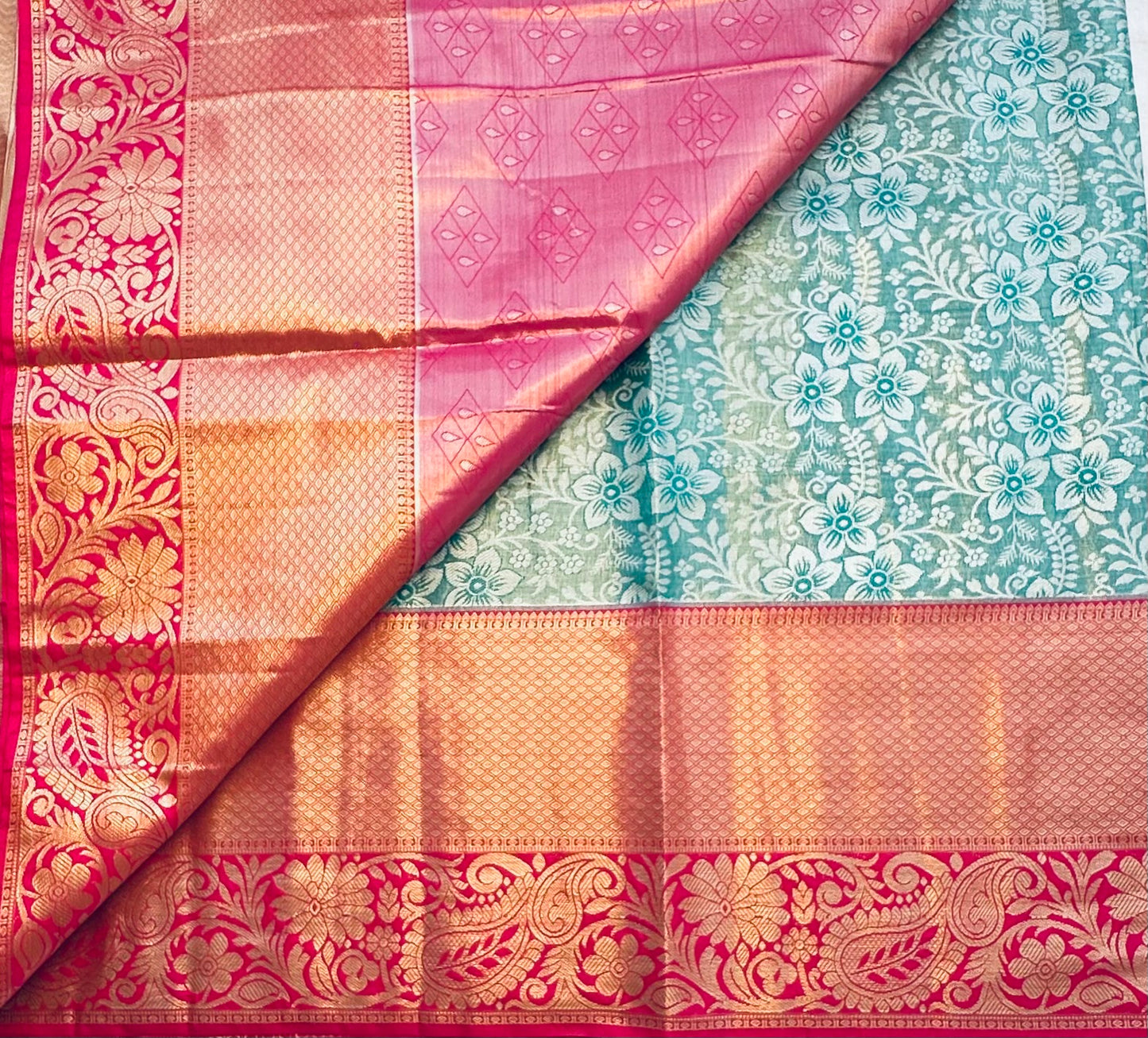RAMA GREEN  PINK TISSUE KANJIVARAM SILK SAREE